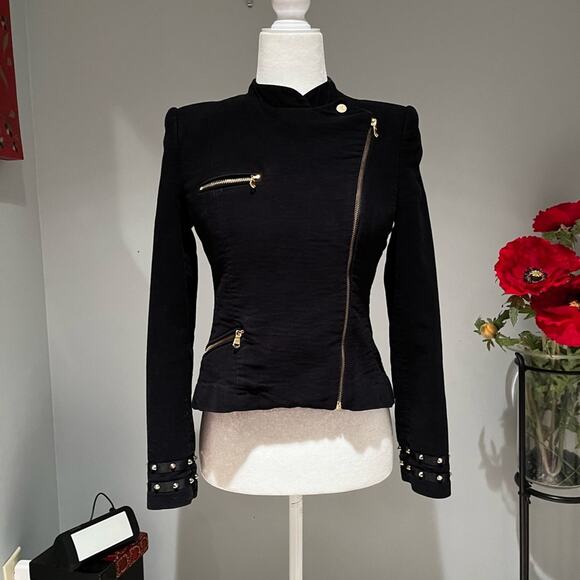 Zara Studded Edgy Velvet Cotton Asymmetric Fitted Zipper Tailored Moto Jacket S - Picture 1 of 10